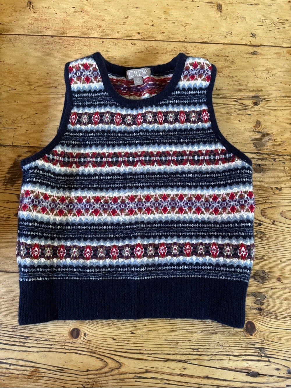 J. Crew Navy Fair Isle Wool Knit Vest with Red and Cream Accents